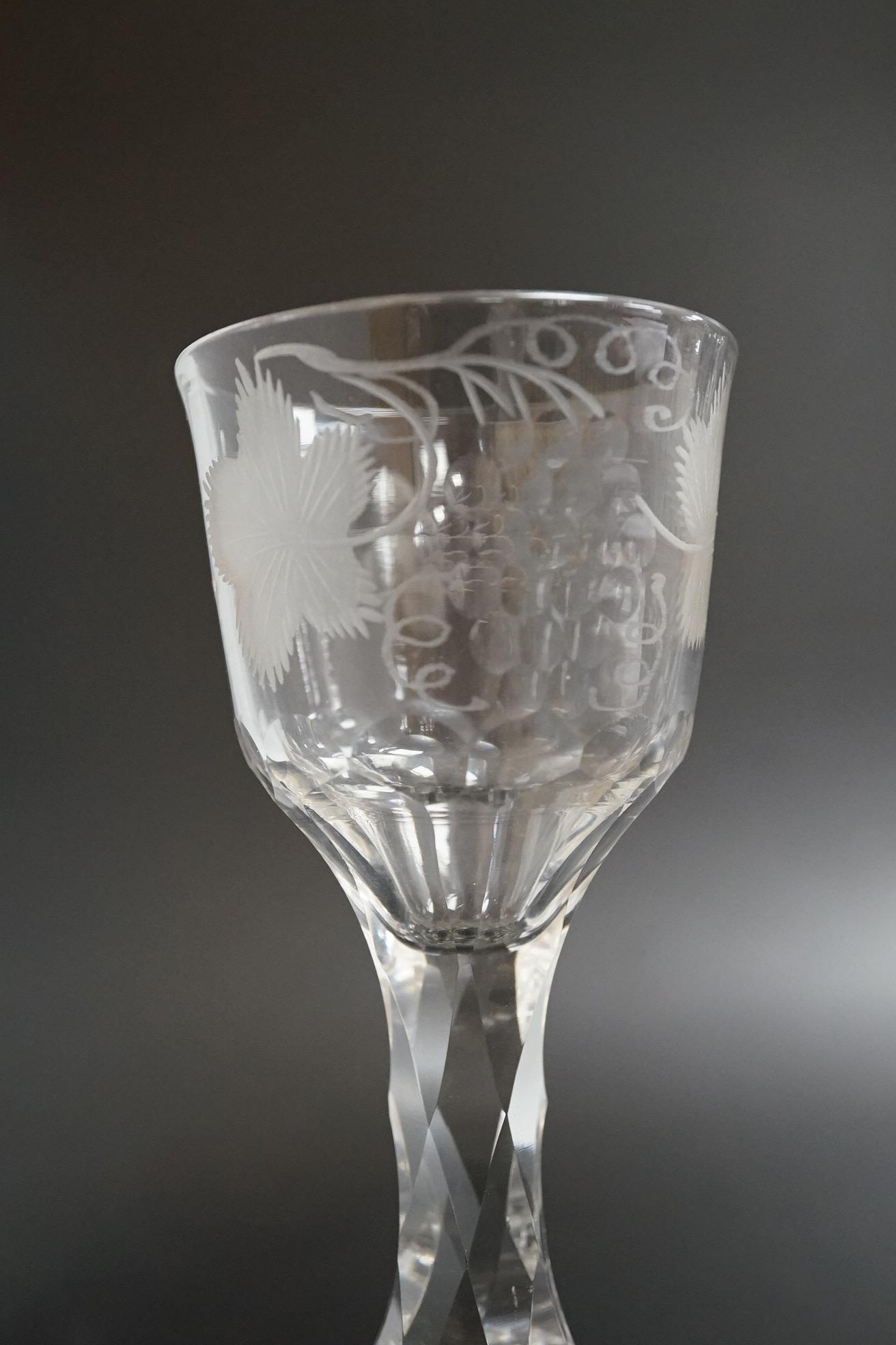Two faceted wine glasses, c.1780, both with engraved bowls, tallest 15.5cm